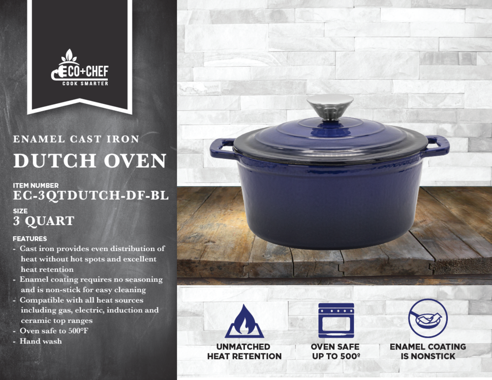 Enameled Cast Iron 3 Quart Dutch Oven with Lid - Blue