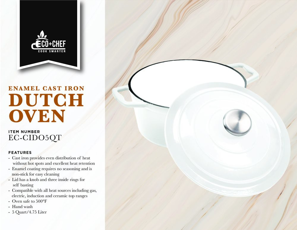 Enameled Cast Iron 5 Quart Dutch Oven with Lid - White – Eco +