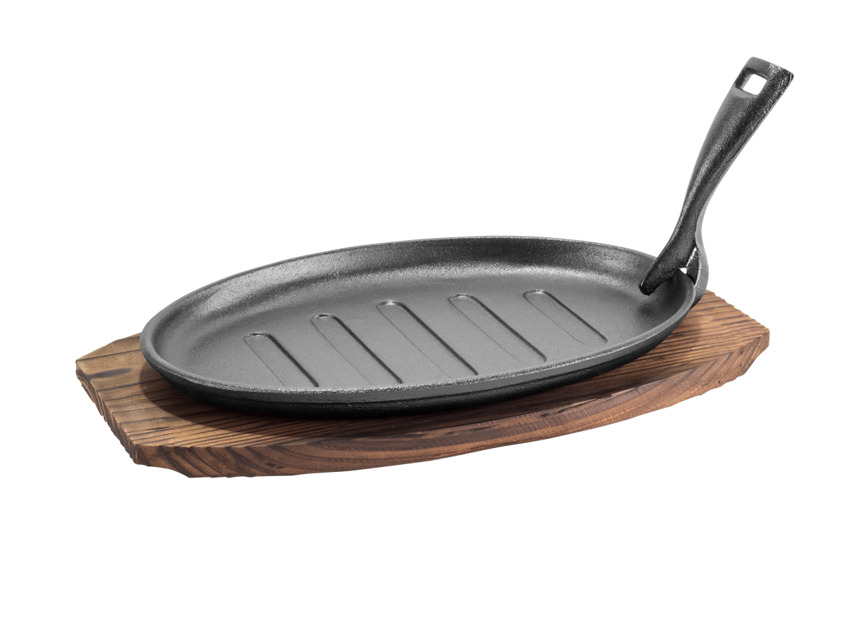 New President's Choice Cast Iron Fajita Pan with Wood Base