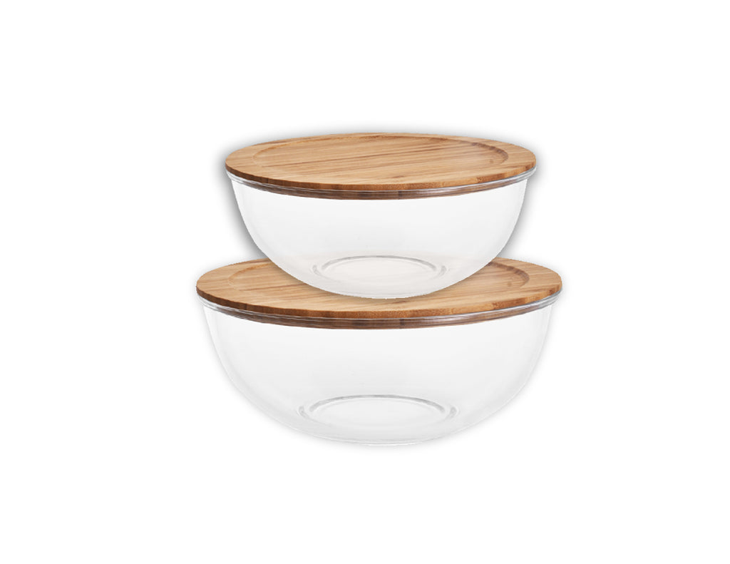 2-Piece Round Glass Baking Dish Set with Bamboo Lids - Oven Safe