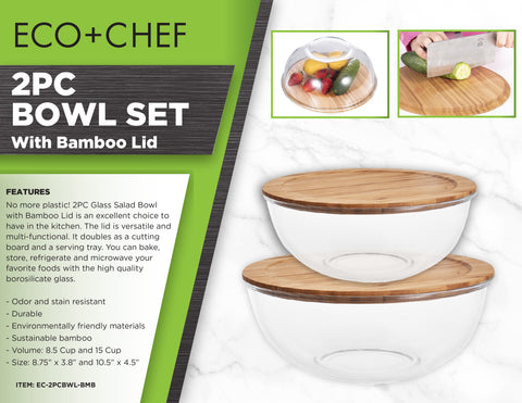 Kitchen Affections | 5pc Glass Salad Bowl Set with Serving Utensils | and Bamboo Pedestal Base | Glass Reusable Dinnerware | Durable Glass Dinner