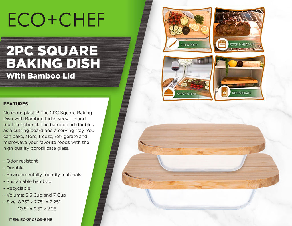 2-Piece Square Glass Baking Dish Set with Bamboo Lids – Eco + Chef